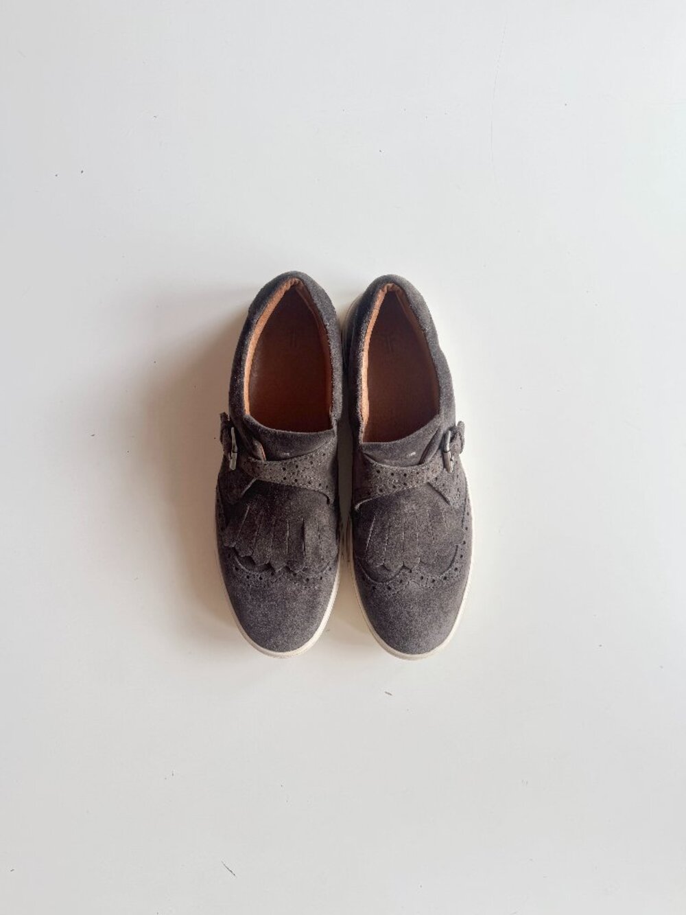 FRYE Gemma Kiltie Grey Suede Leather Monk Strap Brogue Loafer Sneakers, Size 8.5